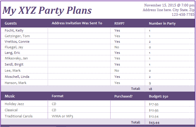 Modello di organizzazione eventi Excel per Microsoft Excel.