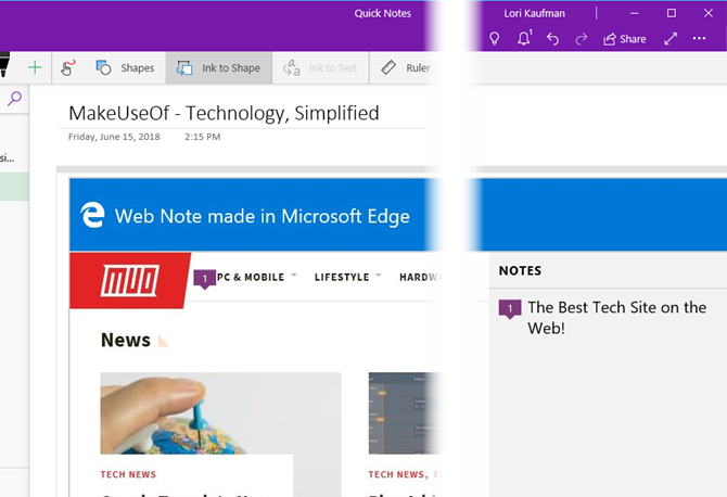 Nota Web da Edge in OneNote