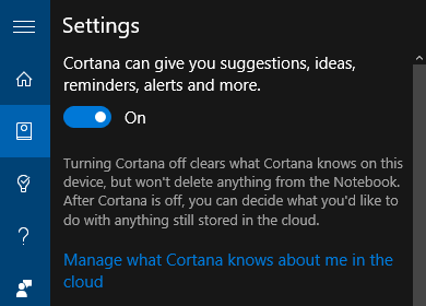 Impostazioni Cortana di Windows 10