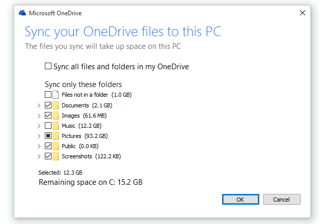 Impostazioni di sincronizzazione di OneDrive