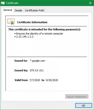 Certificato del sito web di Chrome