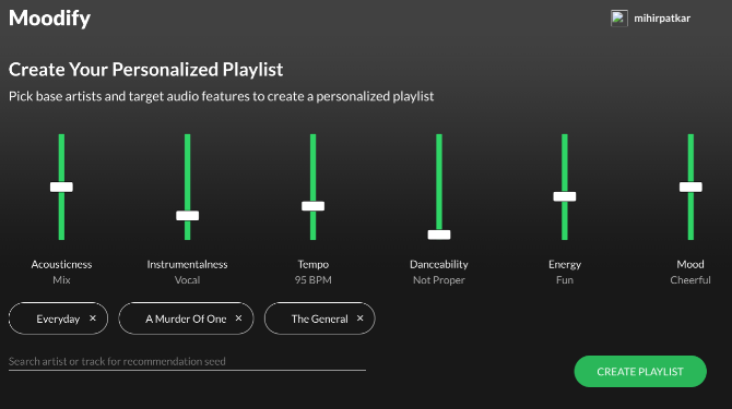 Moodify crea playlist personalizzate basate sui brani che ti piacciono e sulle caratteristiche musicali che desideri