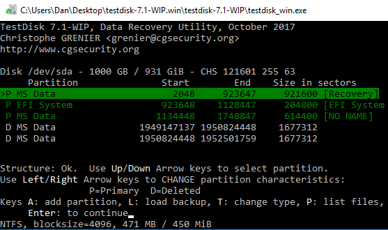 Schermata TestDisk di Windows