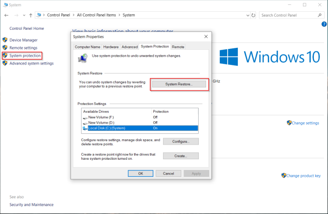 creare un punto di ripristino in Windows 10