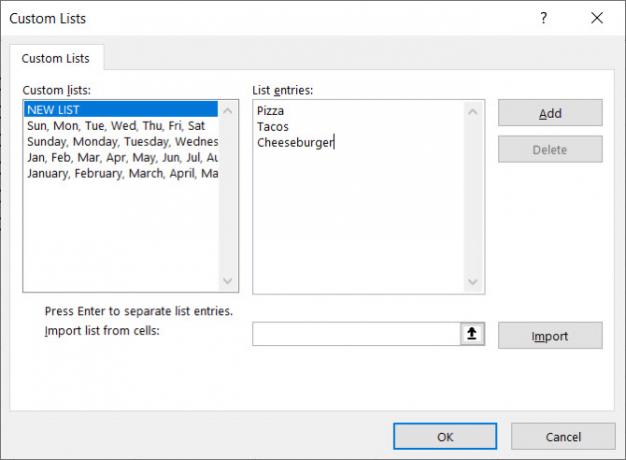 Voci dell'elenco personalizzato di Excel