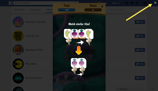 facebook giochi istantanei web chiudi