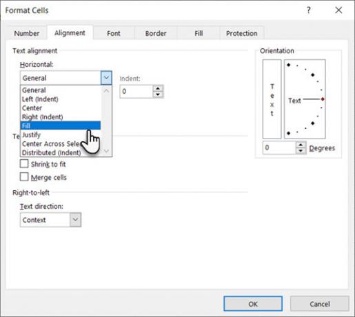 Seleziona Riempi nella finestra di dialogo Orizzontale su formato celle in Excel