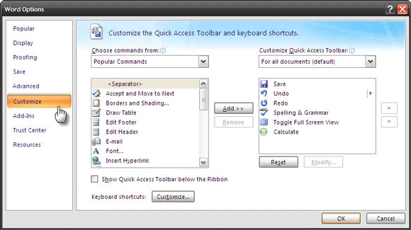 Imposta tasti di scelta rapida personalizzati in MS Word e crea un cheat sheet Opzioni word