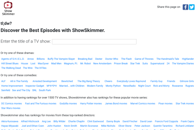 Show Skimmer elenca i primi cinque o primi dieci episodi di qualsiasi programma TV