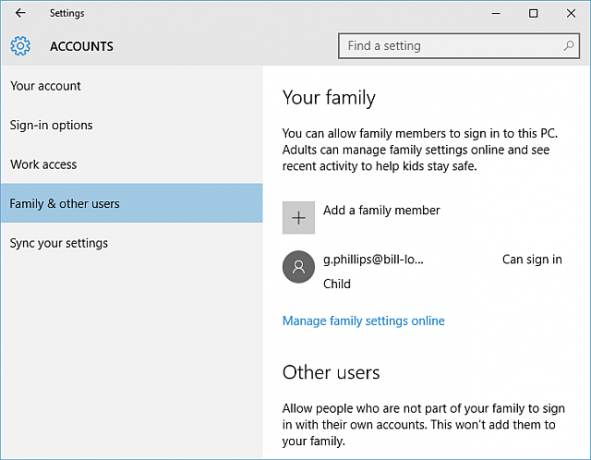 Account famiglia Windows 10