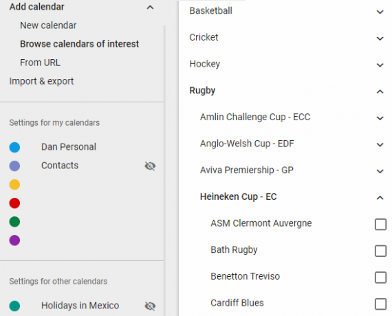 Come scaricare le partite sportive per le squadre sportive del calendario di Google Calendar di Google Calendar