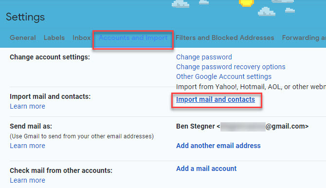 Account di importazione Gmail