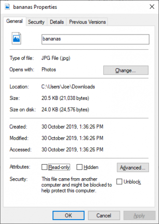 Proprietà del file di Windows 10