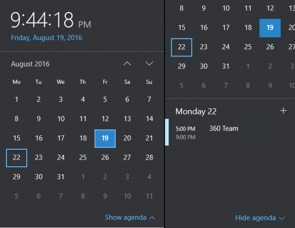 Calendario della barra delle applicazioni di Windows 10