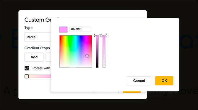 Selettore colore diapositive Google Gradient personalizzato