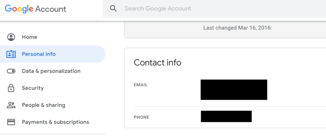 Impostazioni informazioni personali di Google Cancella numero di telefono