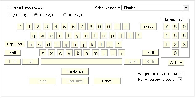 Tastiera virtuale per utility Password Safe