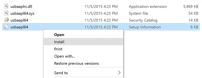 File di installazione del driver Apple per Windows 10