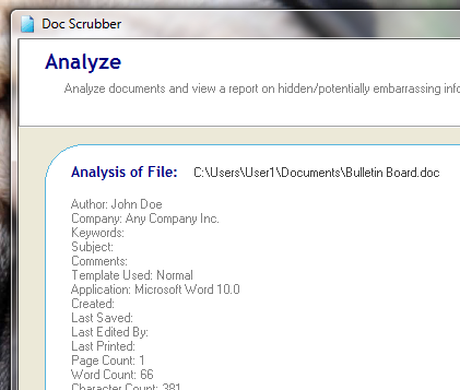 Come cancellare i metadati dai documenti di Word [Windows] docscrubber analysisofscrubbeddoc