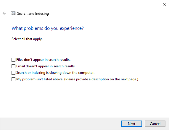 ricerca dell'indice di Windows risoluzione dei problemi screenshot