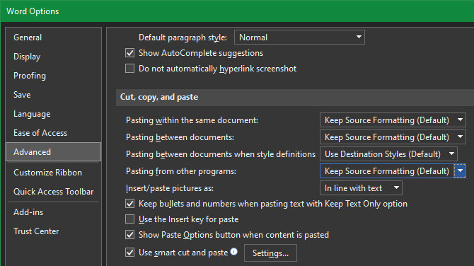 Impostazioni di incollaggio avanzate di Word