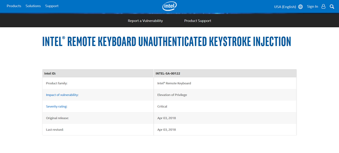 Schermata della divulgazione della vulnerabilità della tastiera remota Intel