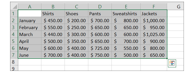 Seleziona i dati in Excel