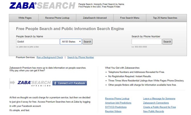 Come cercare persone per nome, indirizzo e numero di telefono. ZabaSearch Homepage