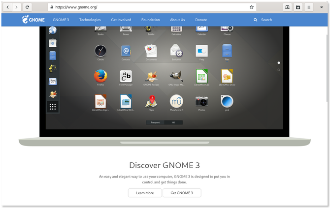 Browser Web GNOME che visualizza la pagina Web GNOME