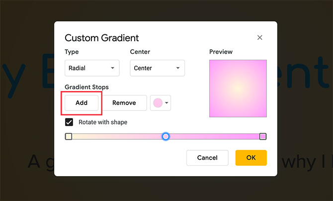 Diapositive Google con sfumature personalizzate Aggiungi una color stop