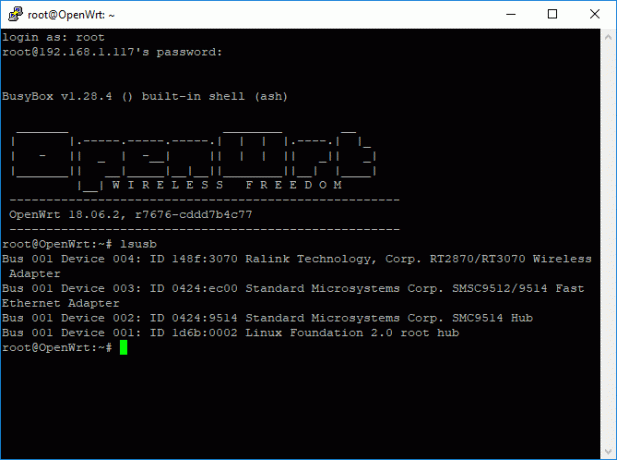 Schermata della finestra del terminale Putty OpenWRT