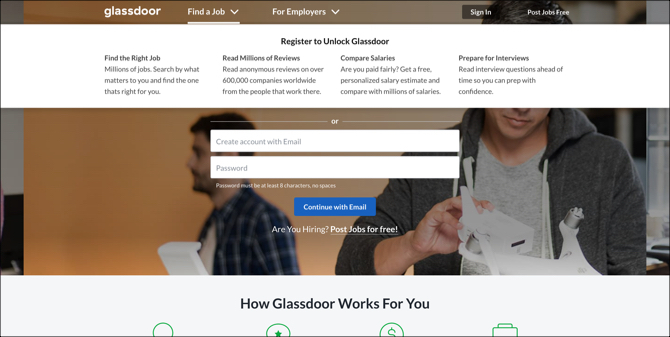 Pagina principale di ricerca di lavoro di Glassdoor