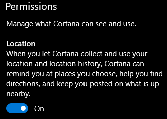 posizione di Windows 10 Cortana