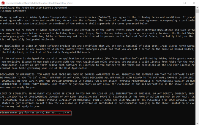 accettare l'accordo di non responsabilità dallo strumento Adobe Cleaner