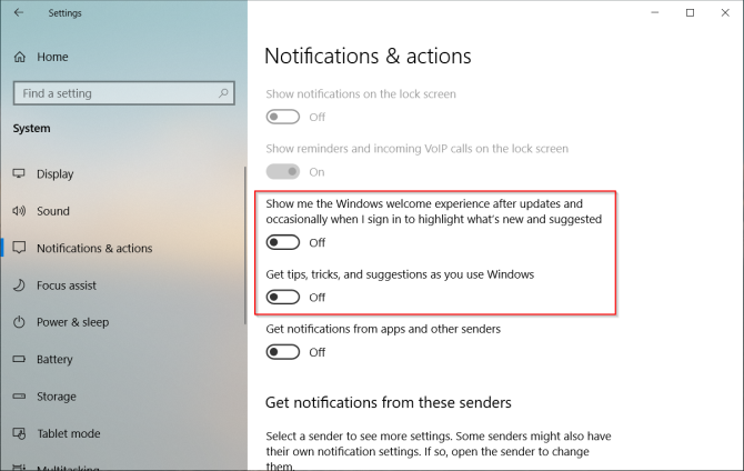 disabilita i popup di notifica in Windows 10