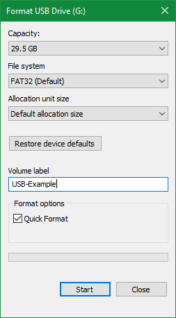 Unità USB in formato Windows 10
