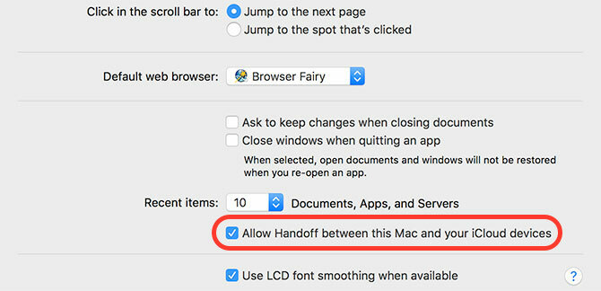 Impostazioni di handoff in MacOS Sierra