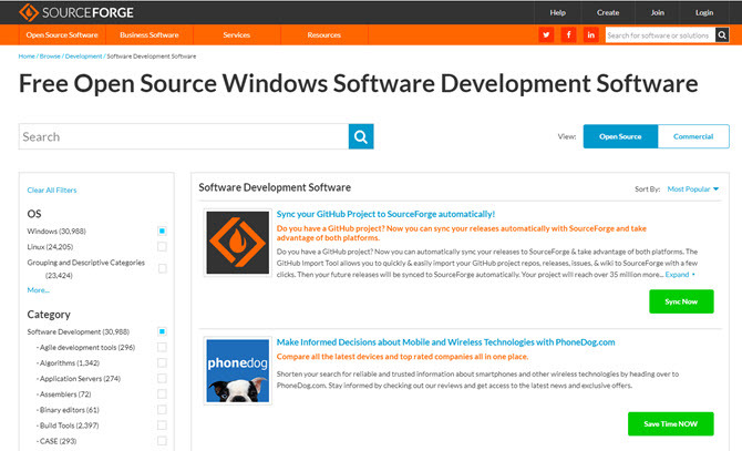 Schede di sviluppo software SourceForge