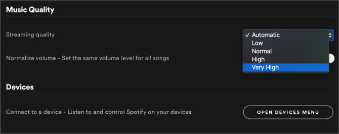 Impostazioni di Spotify che mostrano un'opzione di qualità musicale molto elevata