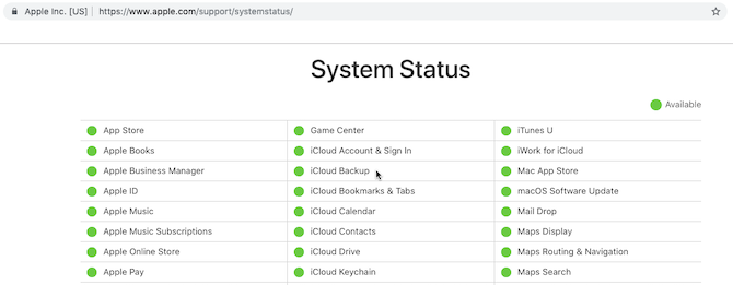 Pagina Web Stato del sistema Apple