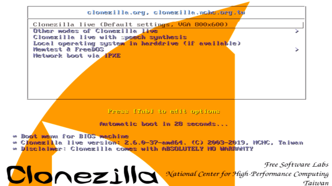 menu delle opzioni di clonezilla