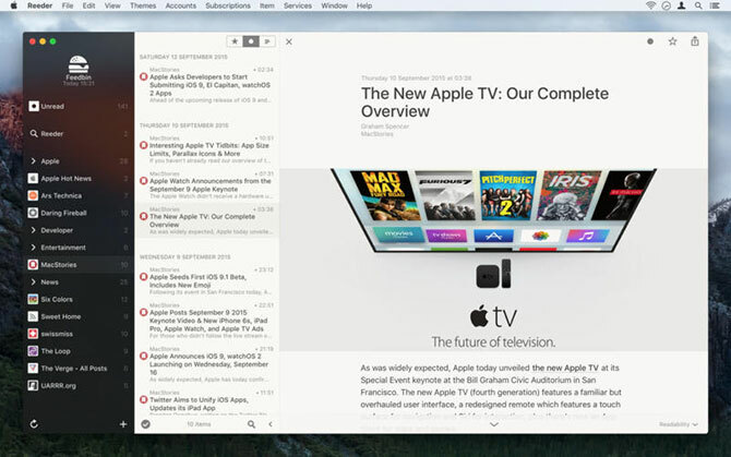 Interfaccia lettore RSS Reeder su Mac
