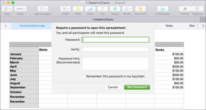 Imposta la password del documento in Numbers Mac