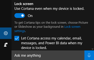 schermata di blocco cortana