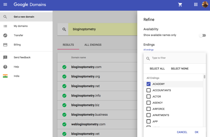 filtra la ricerca del tuo dominio in Google Domains