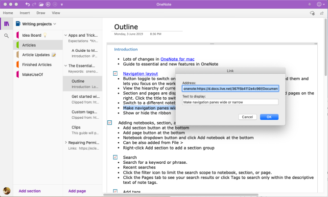 inserisci il link alla pagina di OneNote