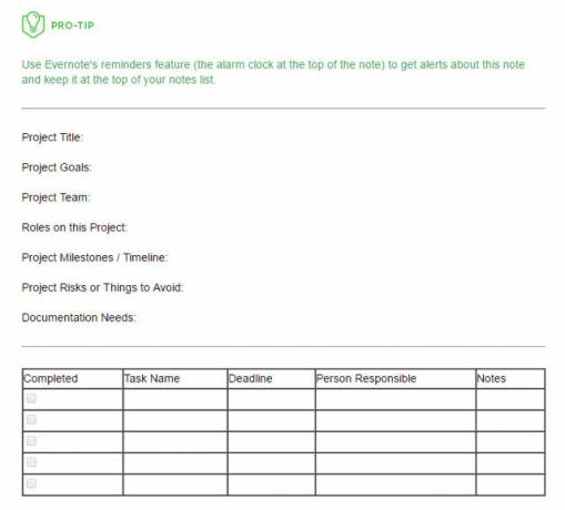 Modello di piano di progetto Evernote