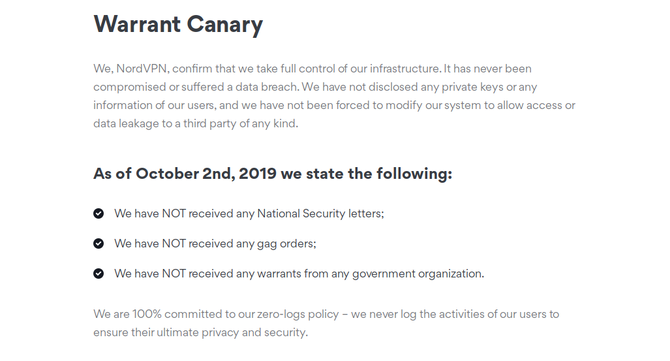 Cos'è un Warrant Canary? Cosa sapere e perché dovresti fare attenzione WarrantCanary Esempio NordVPN