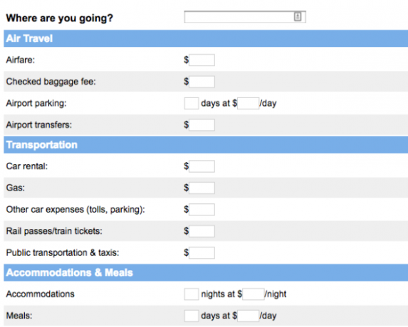 Calcolatore del budget di viaggio