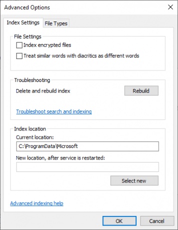 indice di Windows opzioni avanzate